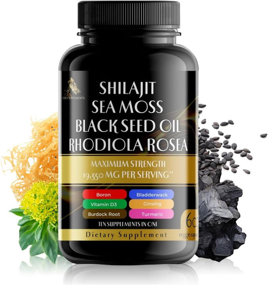 Earth's Vitality Blend | Shilajit Pure Himalayan 9000MG, Energy Booster Sea Moss 2000MG, Rhodiola Rosea 1000MG, Black Seed Oil, Bladderwrack, Ginseng, Turmeric, Burdock Root 500MG