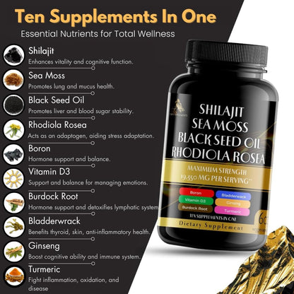 Earth's Vitality Blend | Shilajit Pure Himalayan 9000MG, Energy Booster Sea Moss 2000MG, Rhodiola Rosea 1000MG, Black Seed Oil, Bladderwrack, Ginseng, Turmeric, Burdock Root 500MG