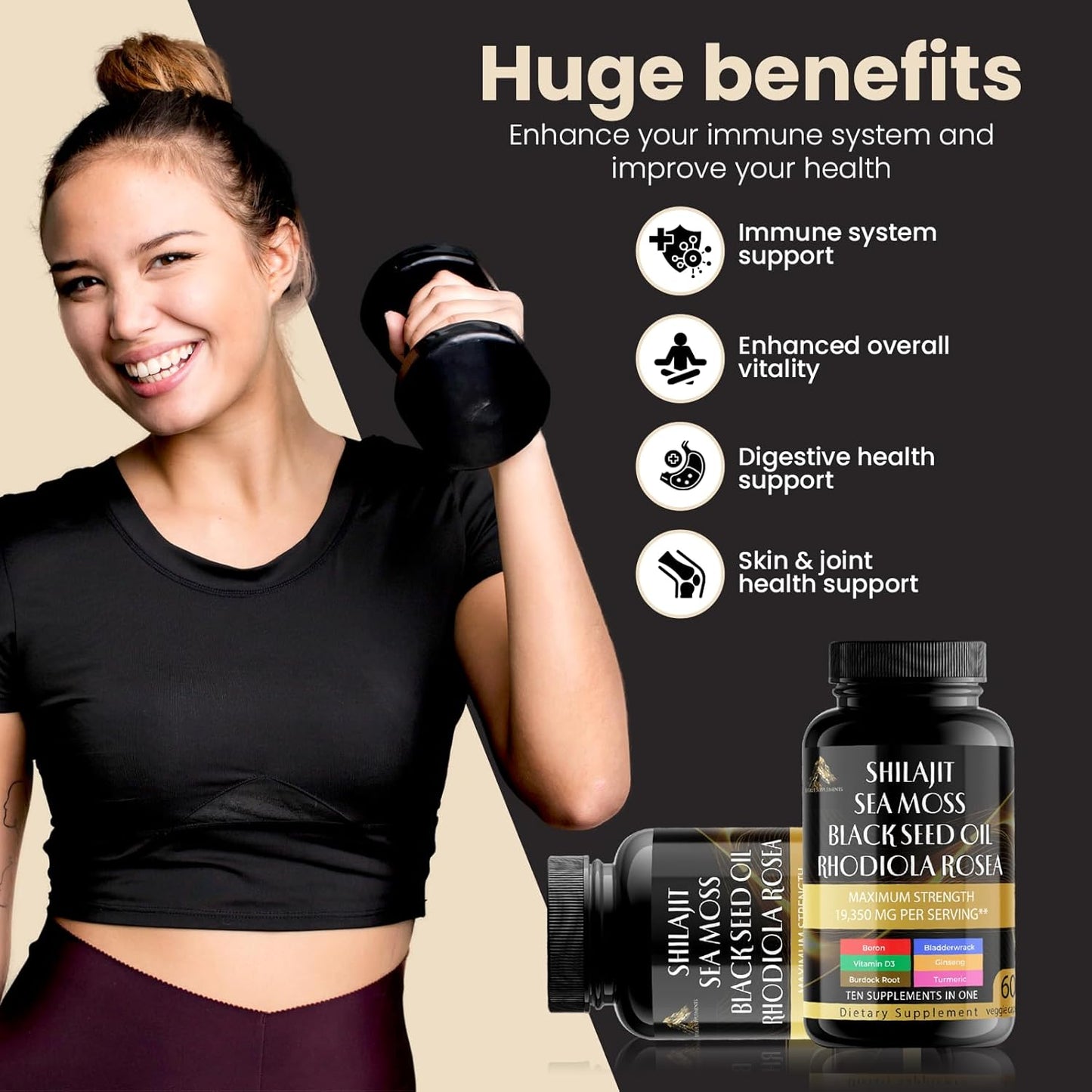 Earth's Vitality Blend | Shilajit Pure Himalayan 9000MG, Energy Booster Sea Moss 2000MG, Rhodiola Rosea 1000MG, Black Seed Oil, Bladderwrack, Ginseng, Turmeric, Burdock Root 500MG