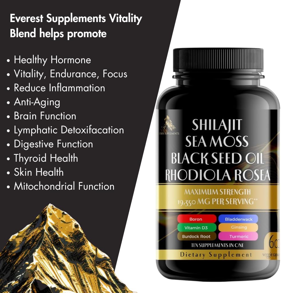 Earth's Vitality Blend | Shilajit Pure Himalayan 9000MG, Energy Booster Sea Moss 2000MG, Rhodiola Rosea 1000MG, Black Seed Oil, Bladderwrack, Ginseng, Turmeric, Burdock Root 500MG