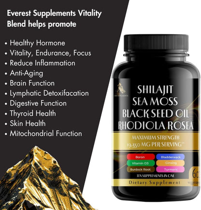 Earth's Vitality Blend | Shilajit Pure Himalayan 9000MG, Energy Booster Sea Moss 2000MG, Rhodiola Rosea 1000MG, Black Seed Oil, Bladderwrack, Ginseng, Turmeric, Burdock Root 500MG